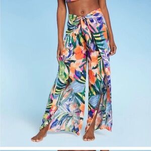 Kona Sol Women's Multicolor Green Blue Pink Tropical Open Leg Flowy Pants Medium